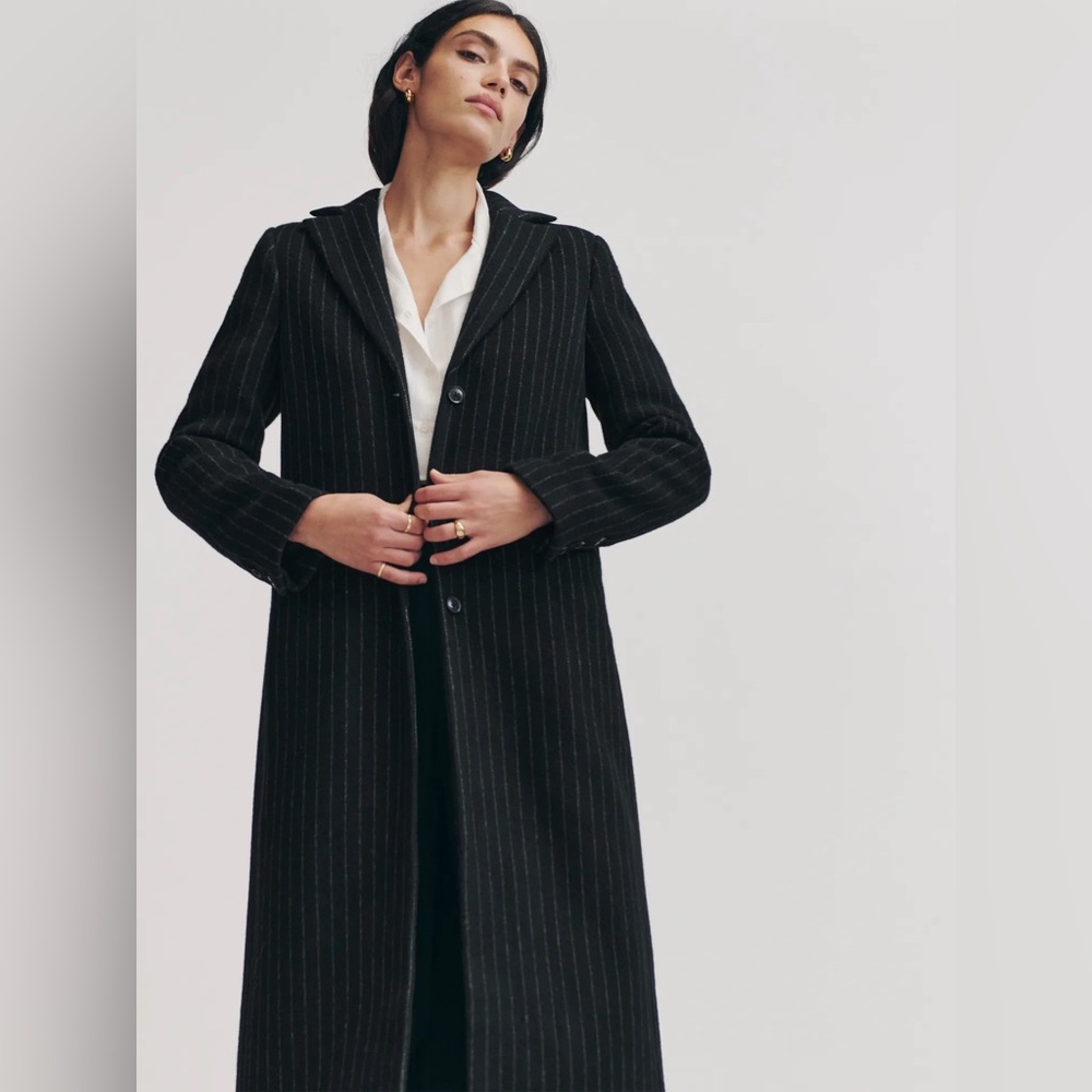Reformation Black Pinstripe Long Trench Coat